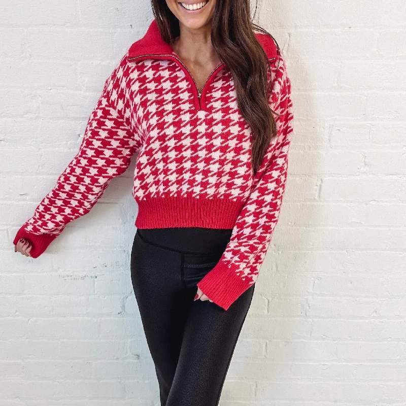 Houndstooth Half Zip - Red