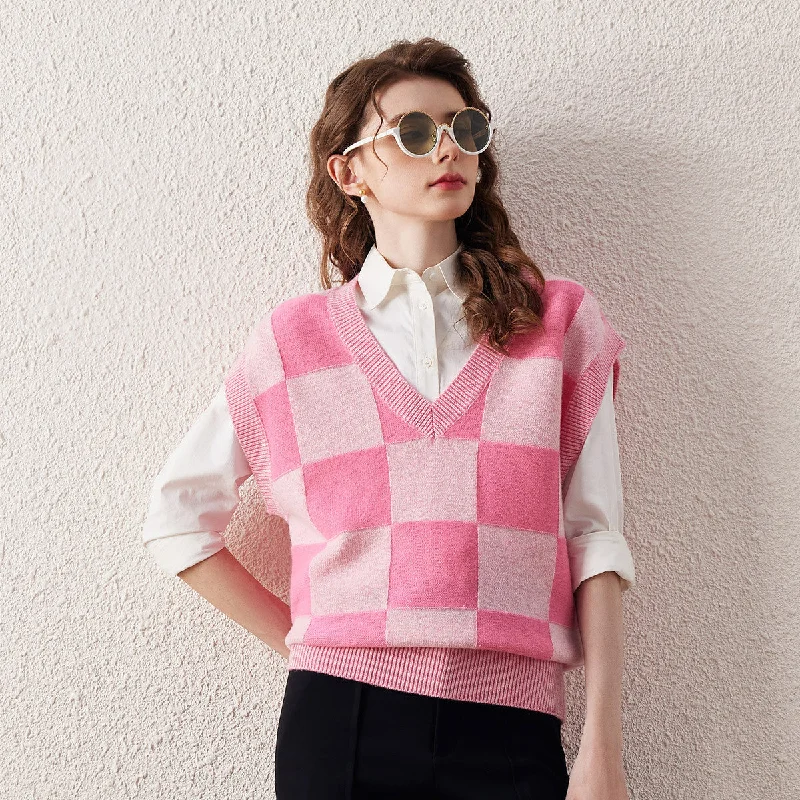 100% Wool Pink Checkered Knit Vest