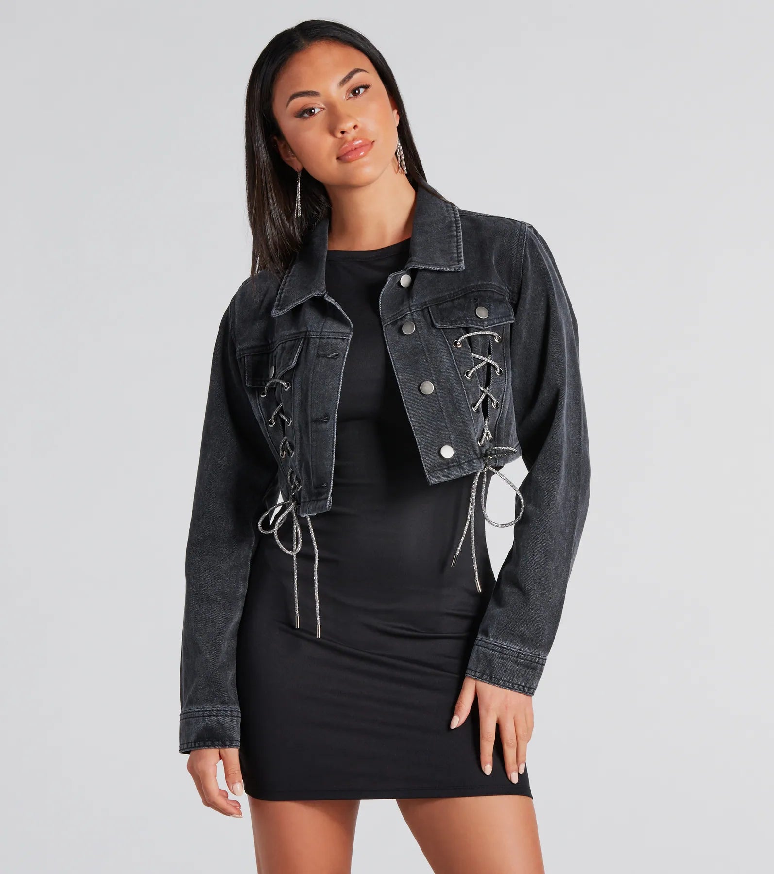 Outshine In Rhinestone Lace-Up Denim Jacket