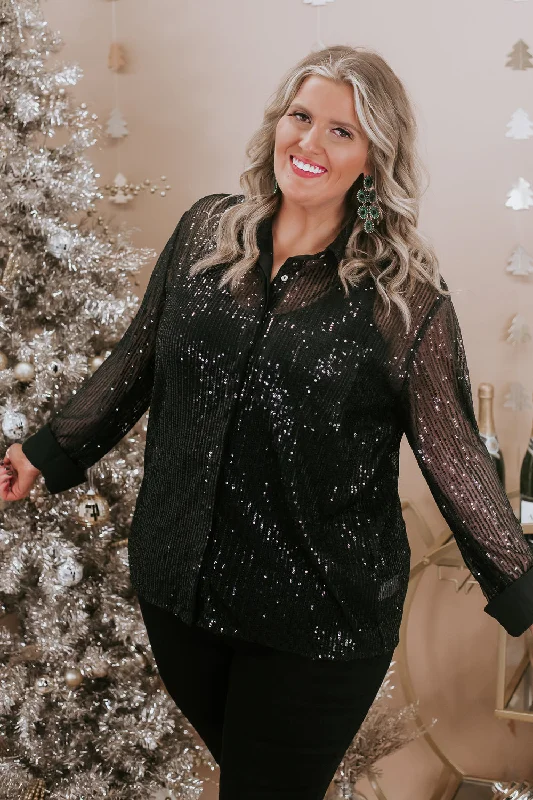 Give Me Sequin Button Up Blouse , Black