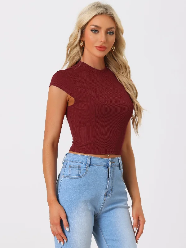 Women's Casual Crew Neck Cap Sleeves Basic Solid Crop Top