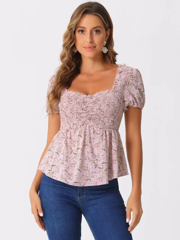 Puff Short Sleeve Floral Shirred Ruffle Peplum Blouse