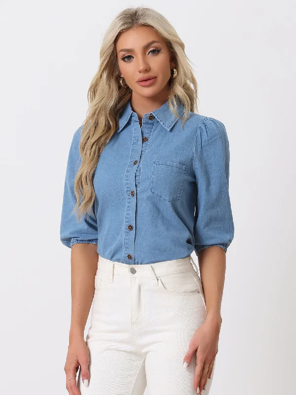 3/4 Puff Sleeve Collar Button Down Jean Denim Shirt