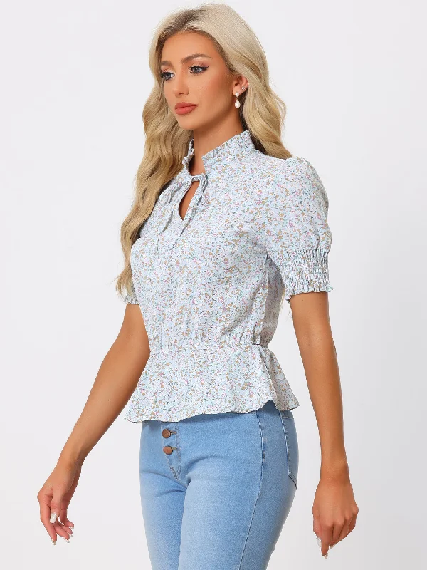 Floral Summer Ruffle Neck Lace-Up Short Shirred Sleeve Peplum Blouse