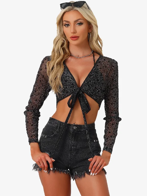 Star Printed Cross V Neck Sheer Blouse Glitter Crop Top