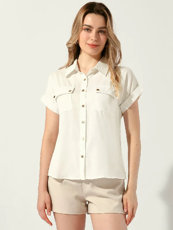 Chiffon Button Down Elegant Casual Short Sleeve Shirt