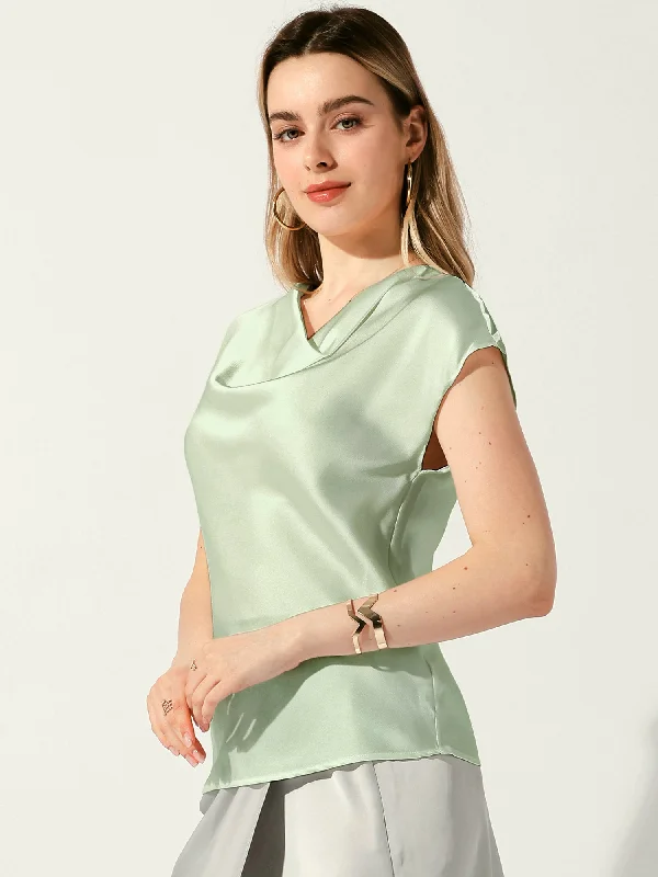 Satin Cowl Neck Short Sleeve Dressy Casual Blouse