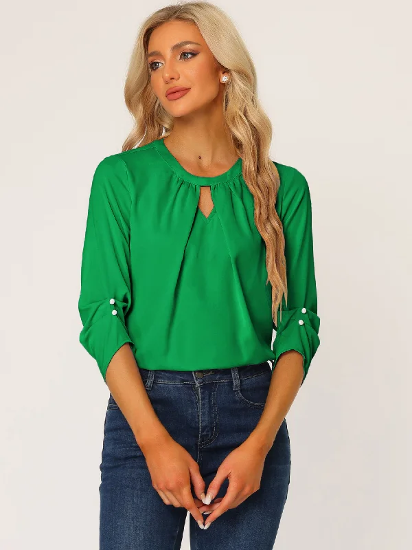 Office Keyhole Pleated 3/4 Sleeve Chiffon Blouse