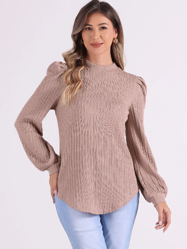 Textured Long Sleeve Mock Neck Puff Sleeve Blouse Tunic Tops