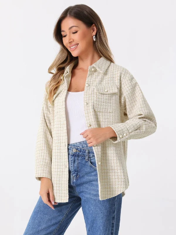 Tweed Plaid Long Sleeves Loose Fit Shirt Jacket Shacket