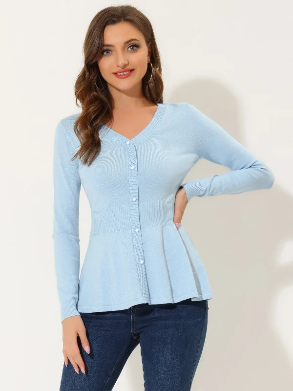 V Neck Long Sleeve Ribbed Pullover Knitted Peplum Top