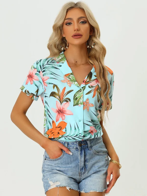 Hawaiian Tropical Leaves Floral Short Sleeve Button Down Shirt