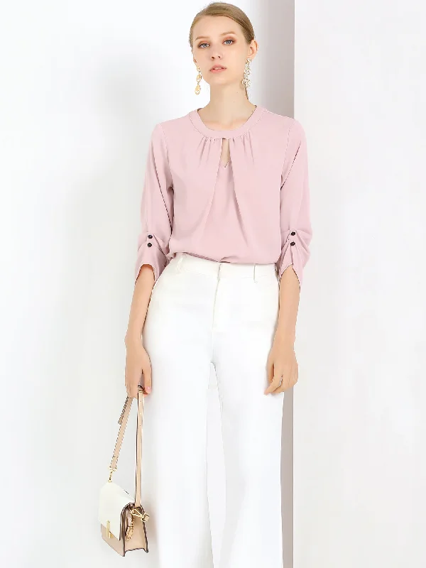 Office Keyhole Pleated Front Ruched 3/4 Sleeve Chiffon Blouse