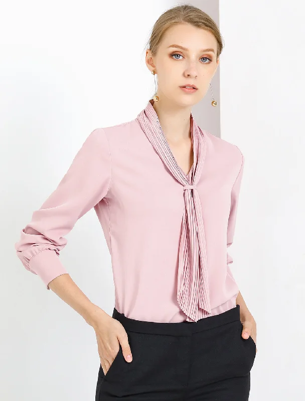 Long Sleeve Blouse Chiffon Pleated Tie Neck Office Top Shirt