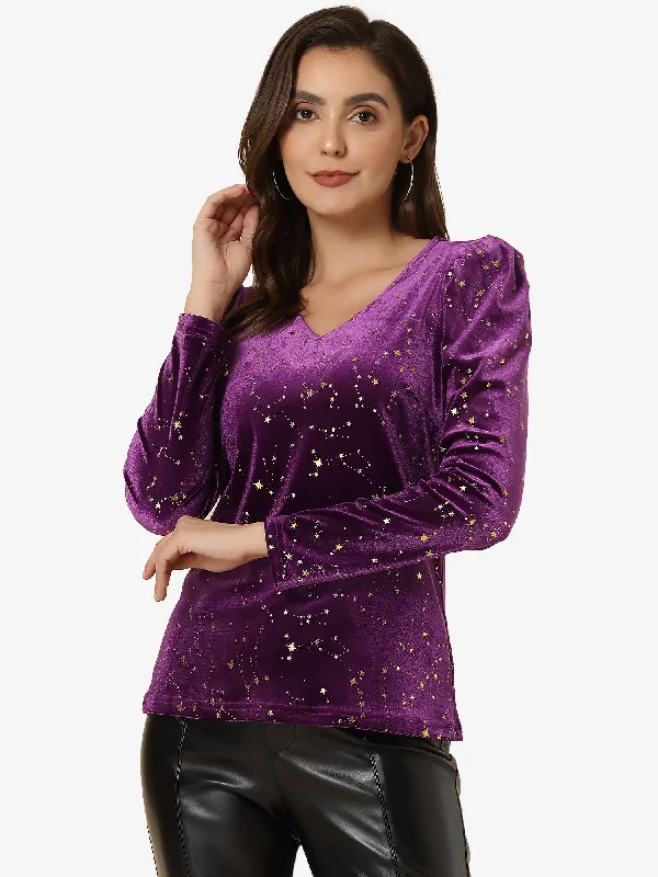 Velvet V-Neck Long Sleeve Gilding Shiny Metallic Stars Top