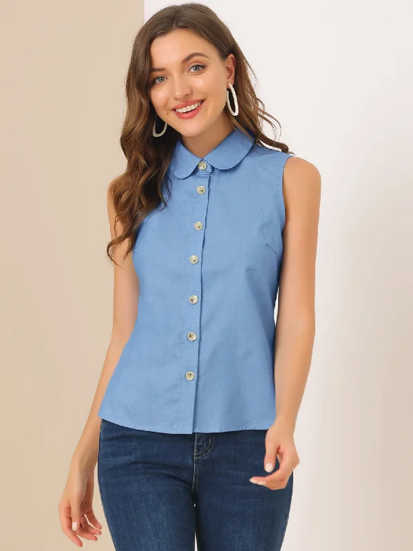 Casual Sleeveless Button Down Peter Pan Collar Chambray Shirt