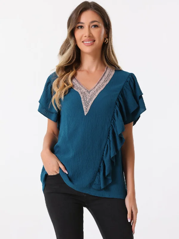 Ruffle Short Sleeve V Neck Boho Casual Blouse