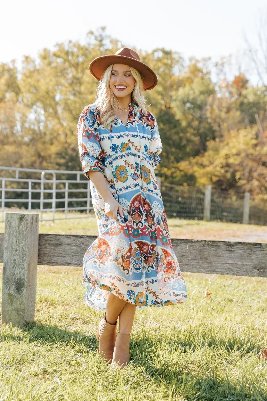 Blue Multi Border Print Midi Dress