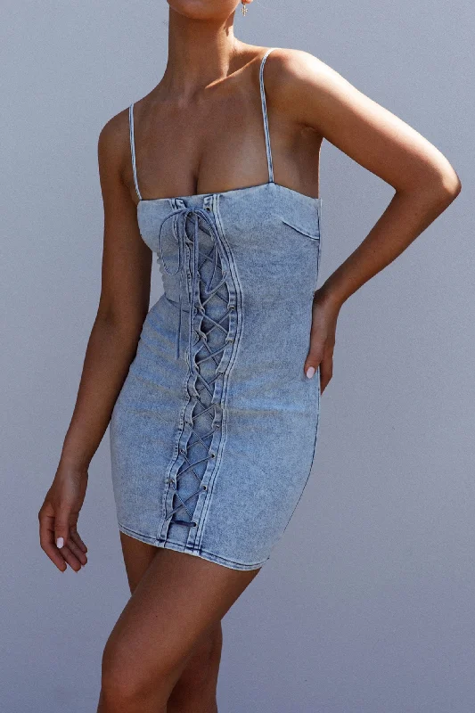 Don't Try Me Lace Up Mini Dress Denim