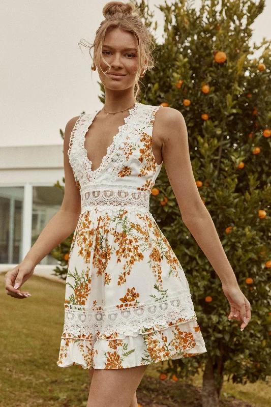 Indio Crochet Insert Deep V-Neckline Mini Dress Floral Print White/Orange