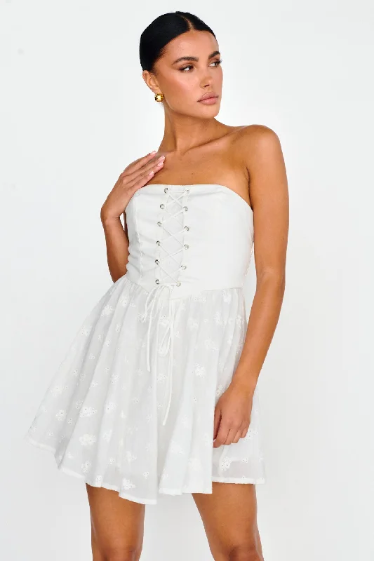 Mon Petit Lace-Up Bodice Mini Dress White