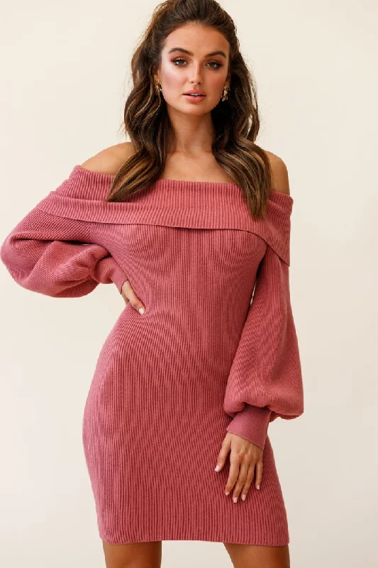 Runaway Off Shoulder Balloon Sleeve Knit Dress Rose